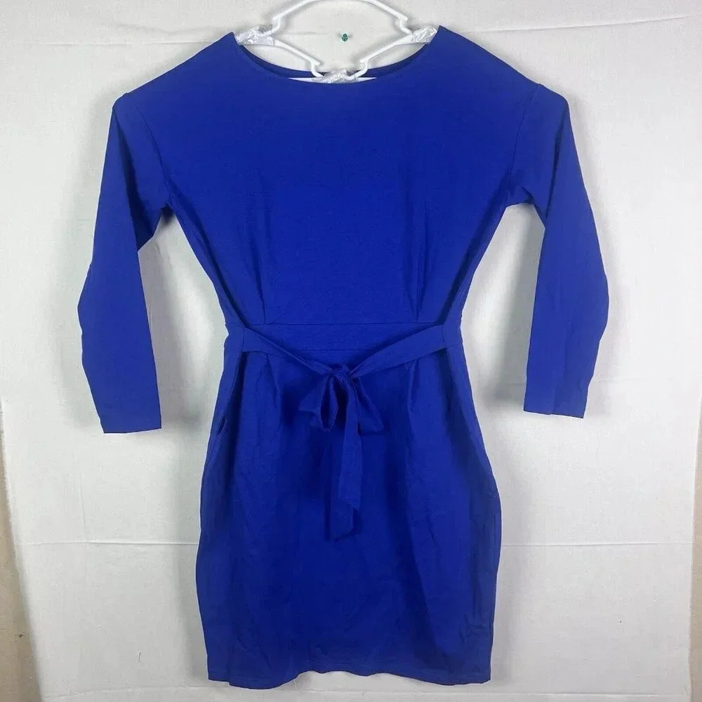 Pretty Garden Long Sleeve Waist Tie Dress Blue XL Knee Length Pockets‎ NWT New